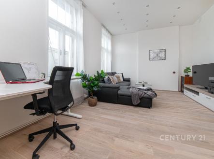 Světlý obývací pokoj s parketovou podlahou, moderní nábytkem a velkými okny. Elegantní bílá stěna doplňuje vzdušný prostor.