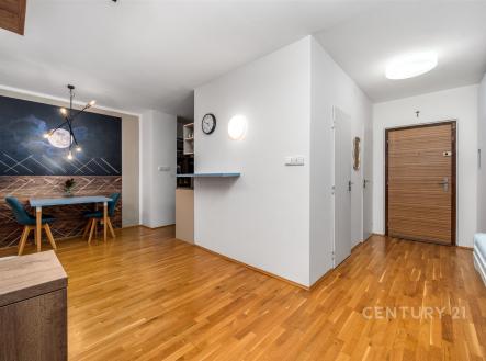 Chodba s moderním stylovým designem, parketová podlaha, kvalitní dřevěné dveře, světlé stěny, elegantní osvětlení, prostor pro dekorace.