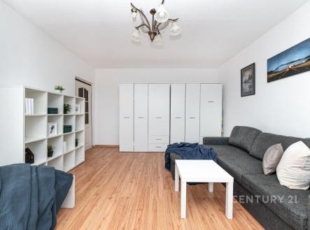 Světlý obývací pokoj s parketovou podlahou, vestavěné skříně a moderní sedačka, vhodný pro relaxaci a pohodlí.