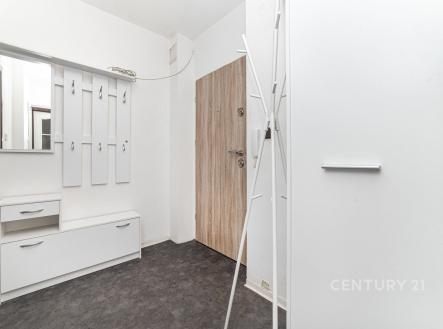 Vstupní hala s moderním designem, vybavená světlým dřevěným nábytkem a praktickým věšákem, doplněná tmavou podlahou z dlažby, nabízí funkční uspořádání.
