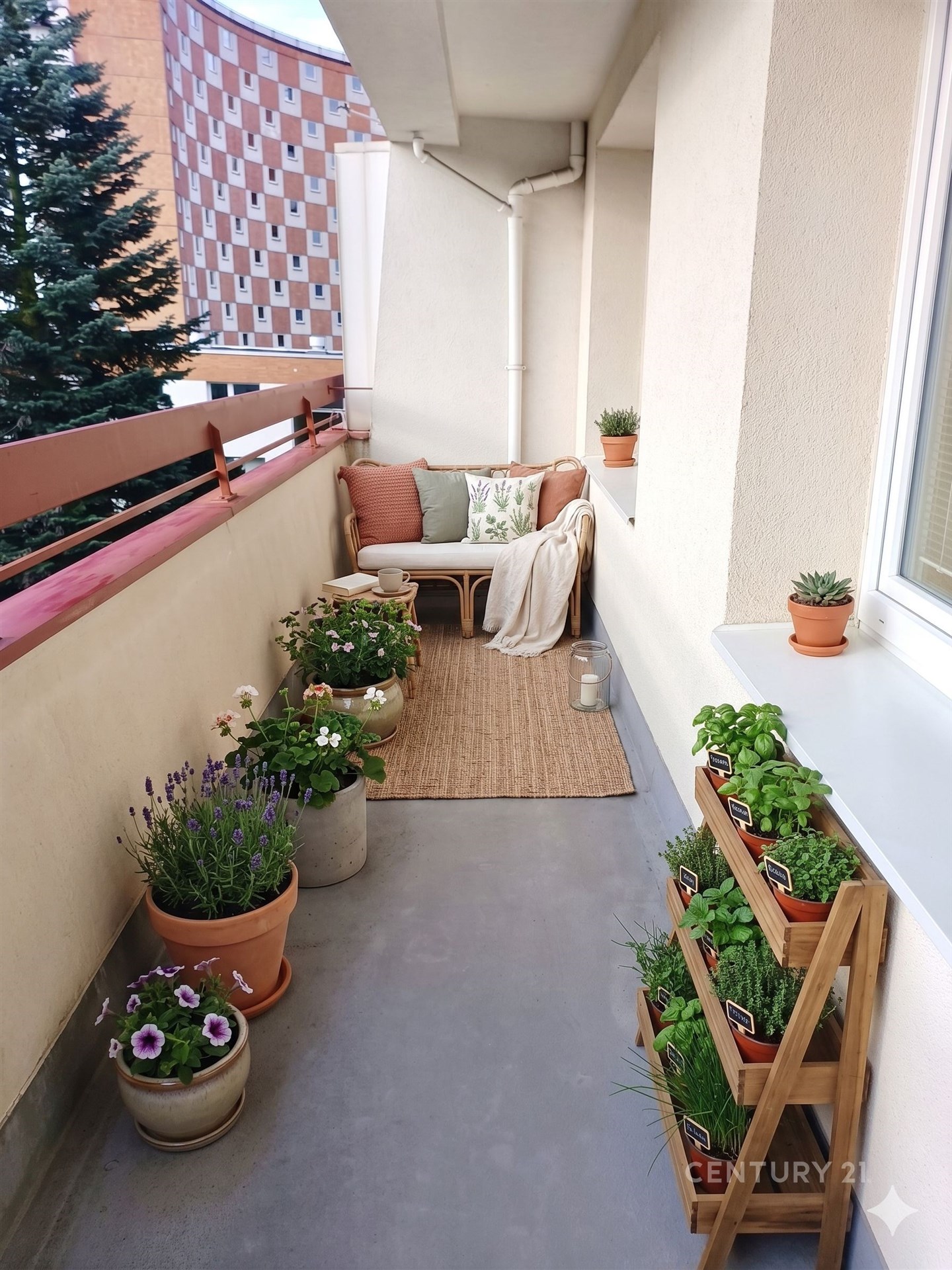 Balkon s moderním posezením a rostlinami, dlažba, prostorný design, výhled.