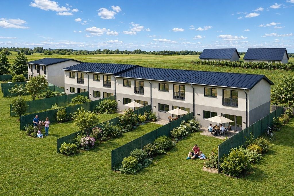 Řadové rodinné domy s moderní fasádou, zahradami a terasami v klidném přírodním prostředí, ideální pro rodiny hledající pohodlné bydlení.