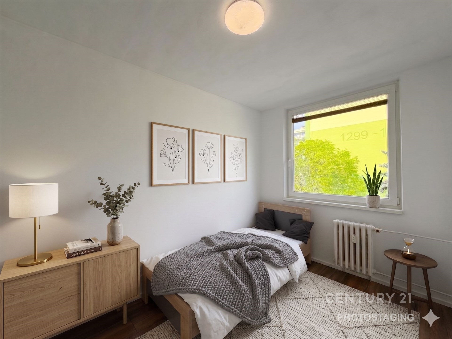 Světlá ložnice s parketovou podlahou, moderní výzdobou a velkým oknem, které propouští dostatek denního světla, útulný a elegantní prostor.